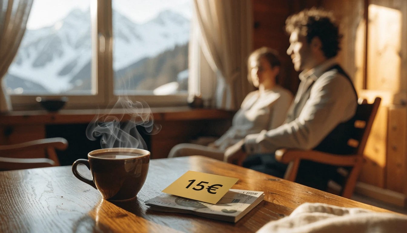 Gemütliches Chalet mit heißer Schokolade und 15‑Euro-Gutschein.