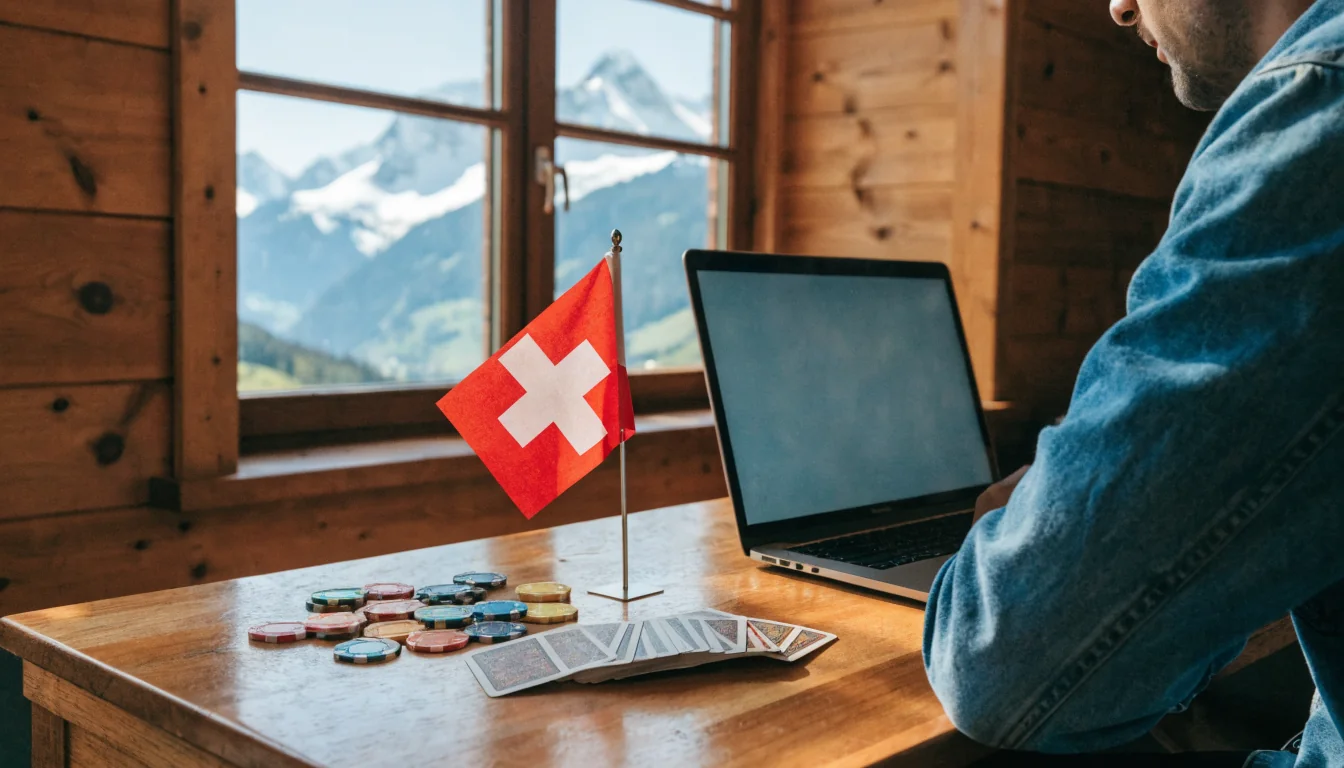 Laptop mit Casino-Chips und Schweizer Flagge im alpinen Hintergrund