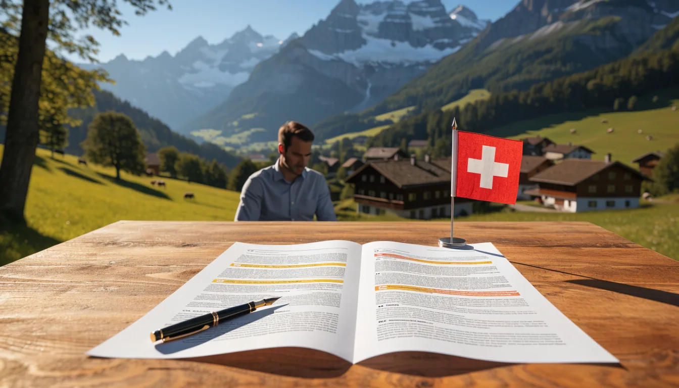 Schweizer Alpen im Hintergrund, Tisch mit Dokument und Stift