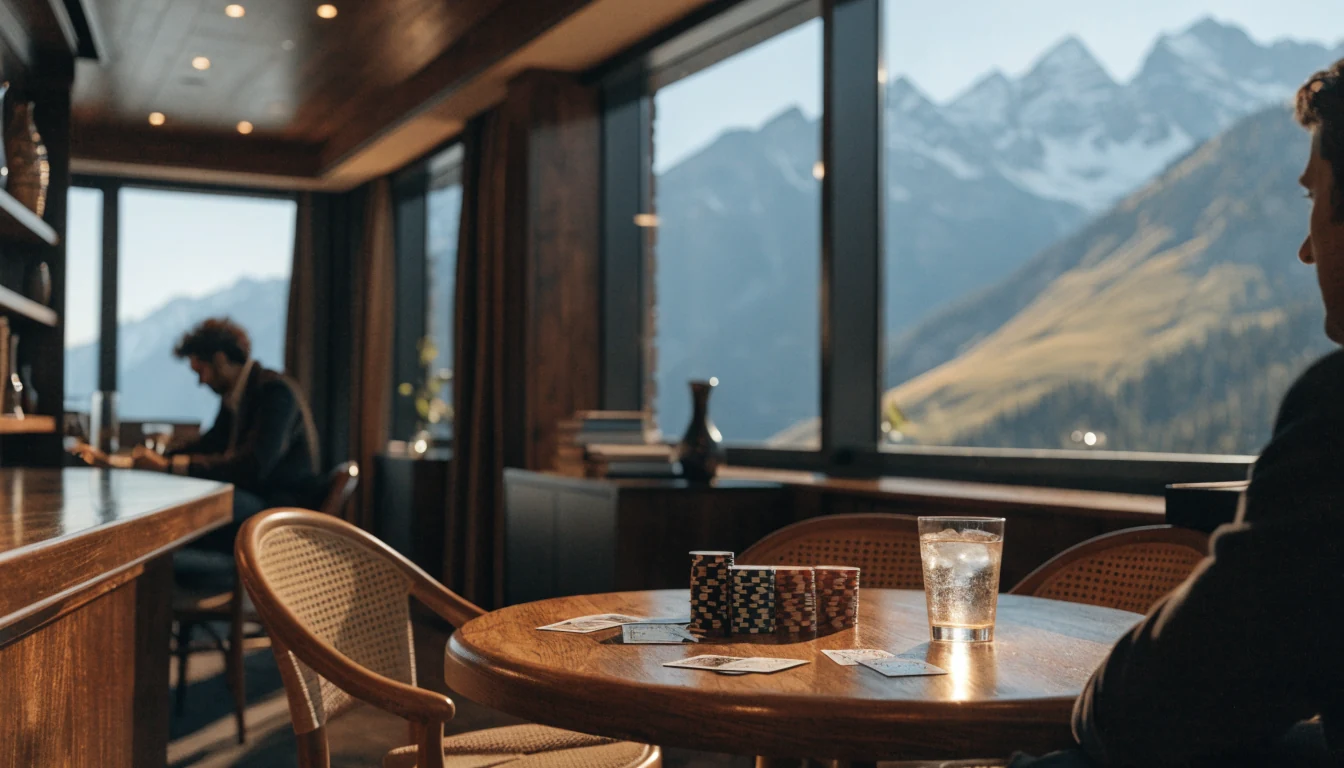 Elegantes Casino in der Schweiz mit Alpenblick und Spielchips