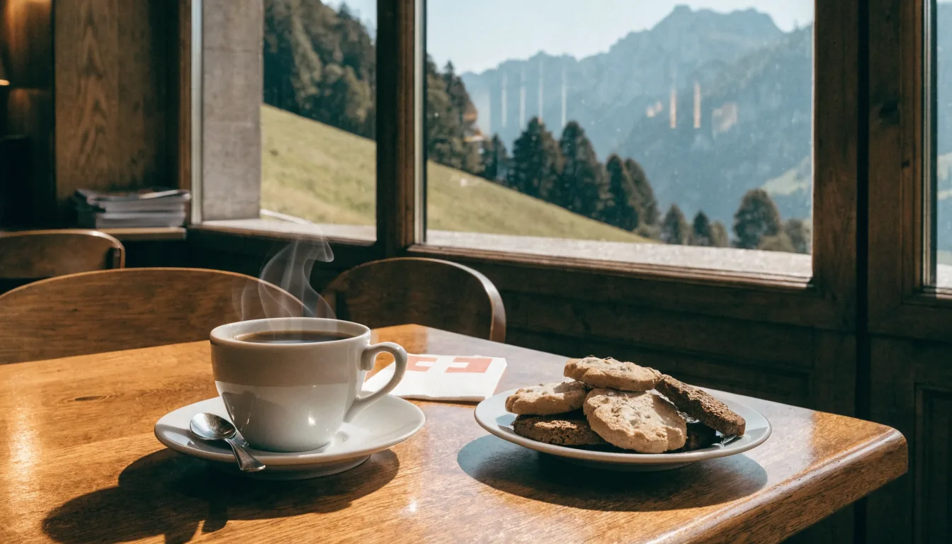 Gemütliches Schweizer Café mit Keksen und Kaffee am Fenster