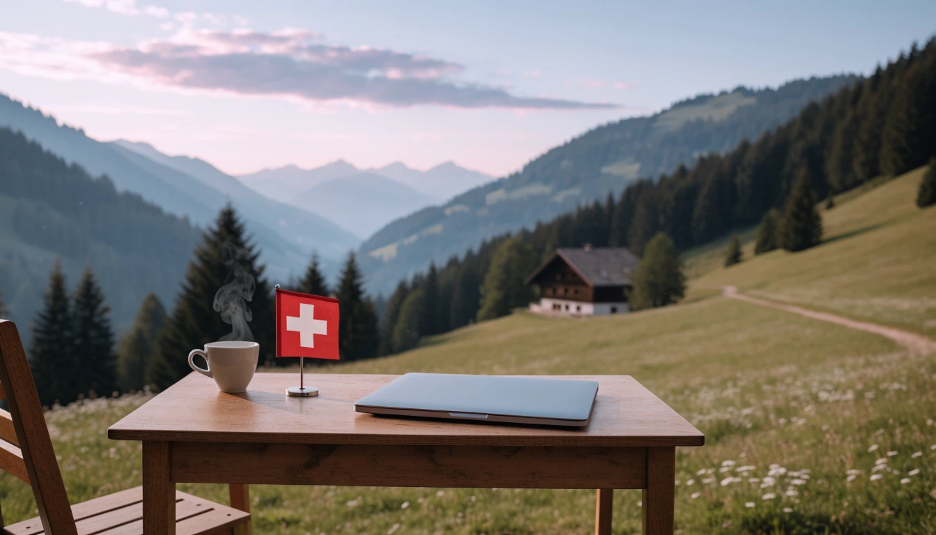 Beruhigendes Alpenpanorama mit Chalet und Schreibtisch, keine Logos