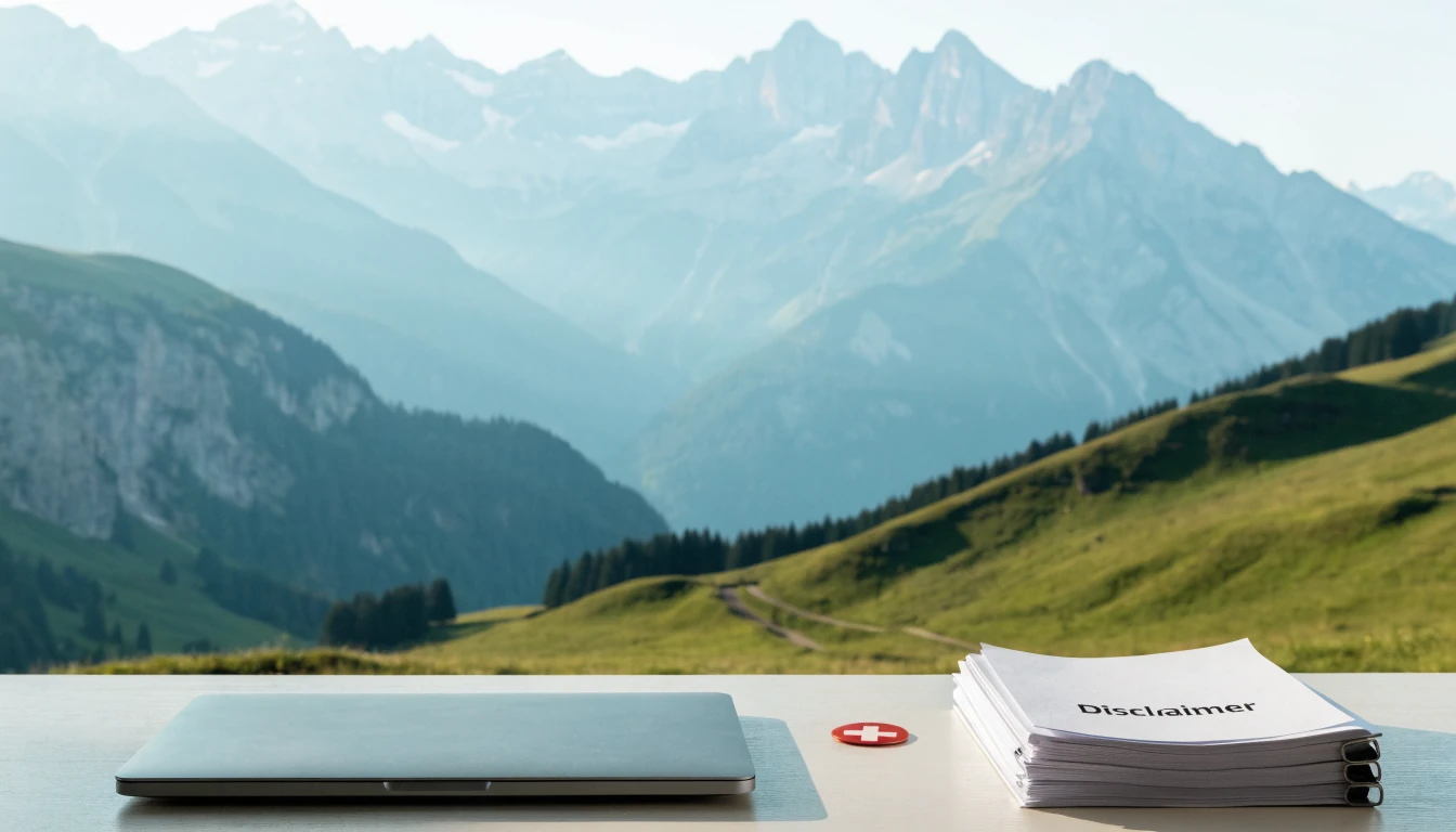 Schweizer Alpenlandschaft mit Schreibtisch und Disclaimer-Papieren