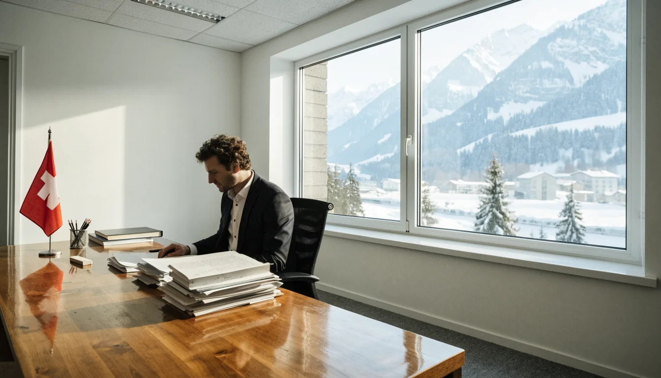 Schweizer Rechtsbüro mit Schreibtisch und Alpenblick