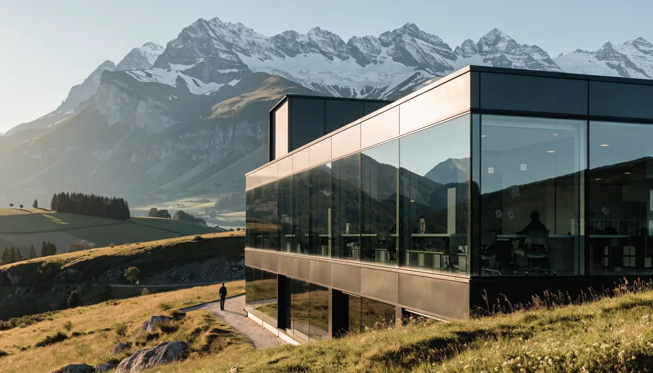 Schweizer Alpen mit modernem Bürogebäude und Casino-Umgebung im Hintergrund
