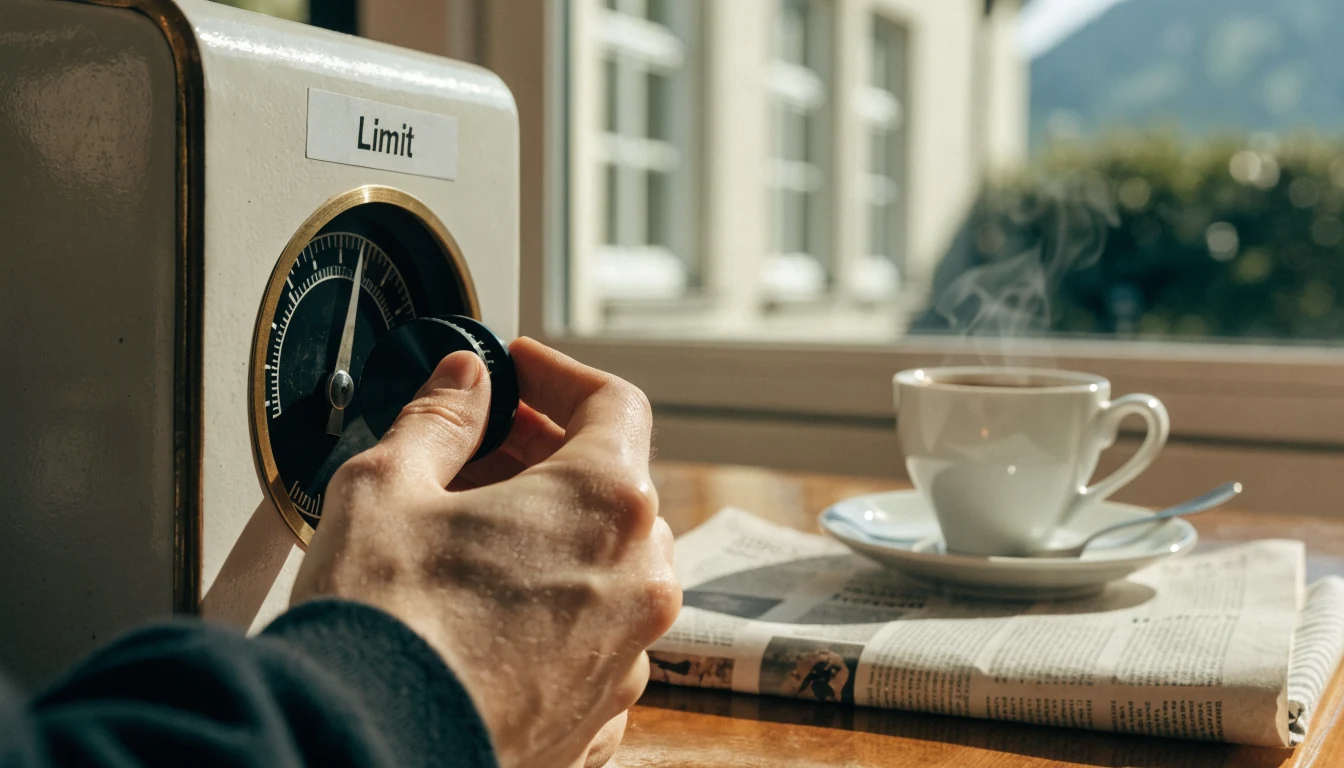 Handen justieren ein Limit-Dial in einer gemütlichen Café-Atmosphäre