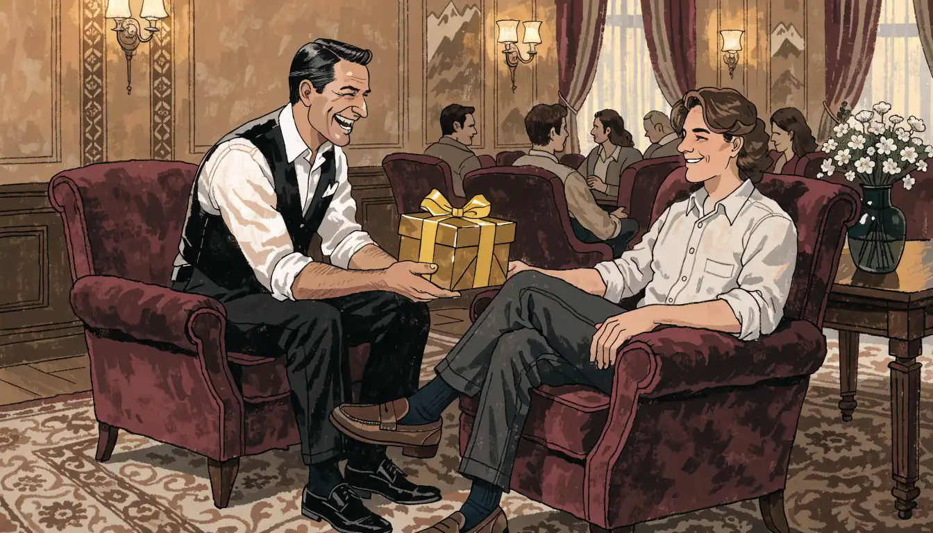 Casino-Host überreicht Geschenkbox in eleganter Lounge