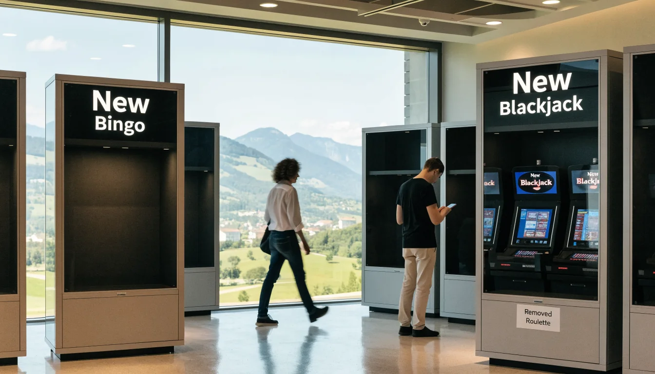 Casino-Showroom mit wechselnden Spielanzeigen und Alpenblick