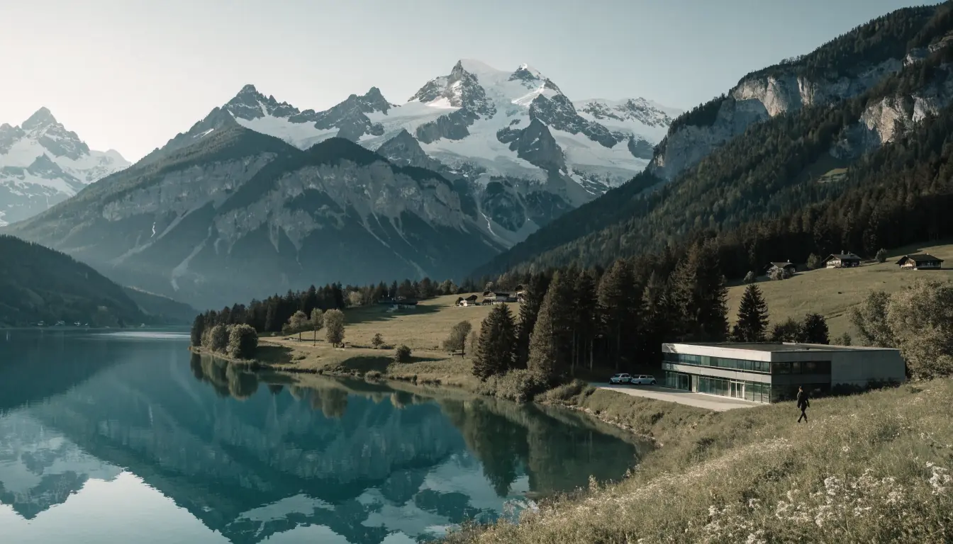Schweizer Alpenlandschaft mit einem kleinen Casino am See bei Morgenlicht